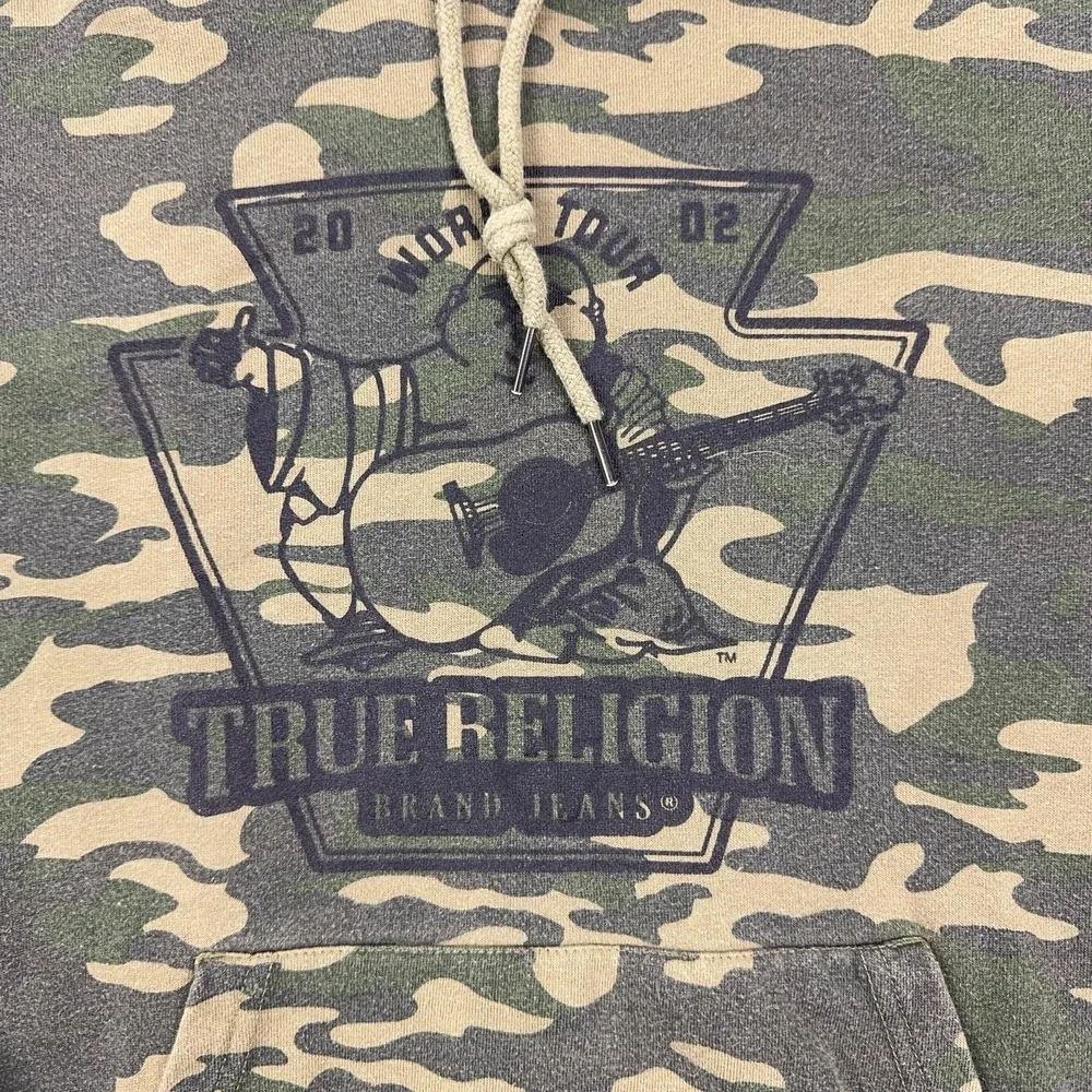 True Religion Hoodie Mens Small Green Camo Pullover Sweatshirt Buddha Logo